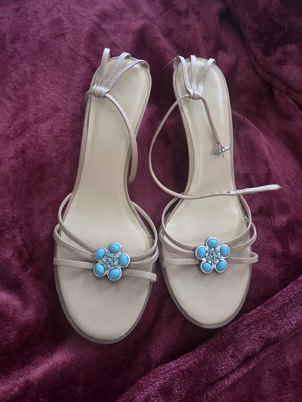 LOFT Beige Strappy Sandals with Turquoise Flower Detail